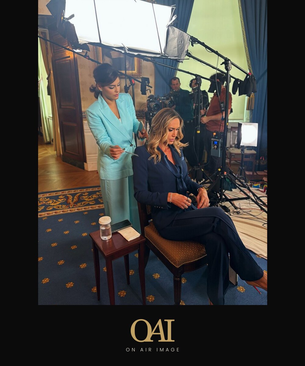 Final touches on set before a television interview